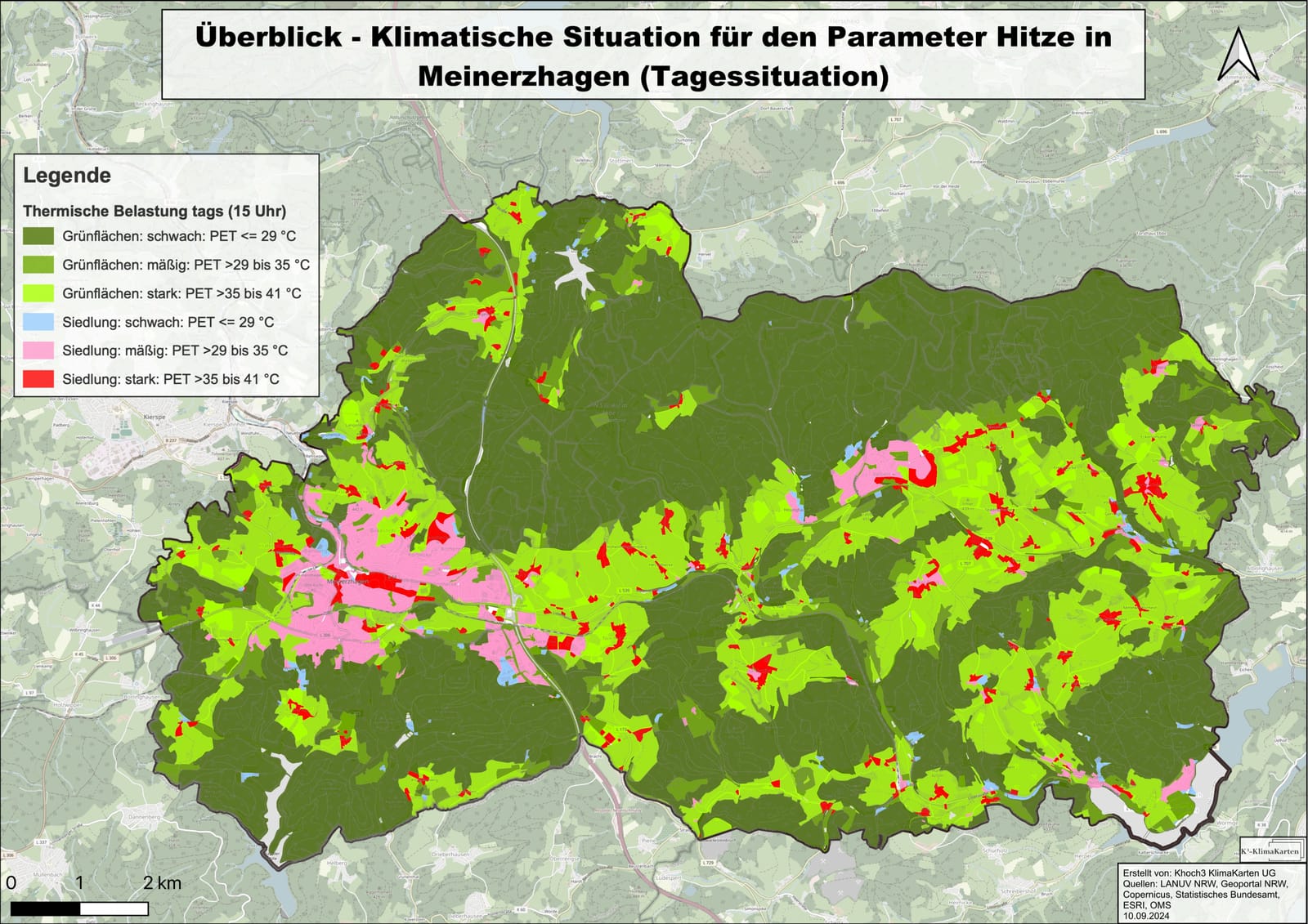 KlimaKarten für die Stadt Meinerzhagen, Parameter Hitze, Ansicht 1
